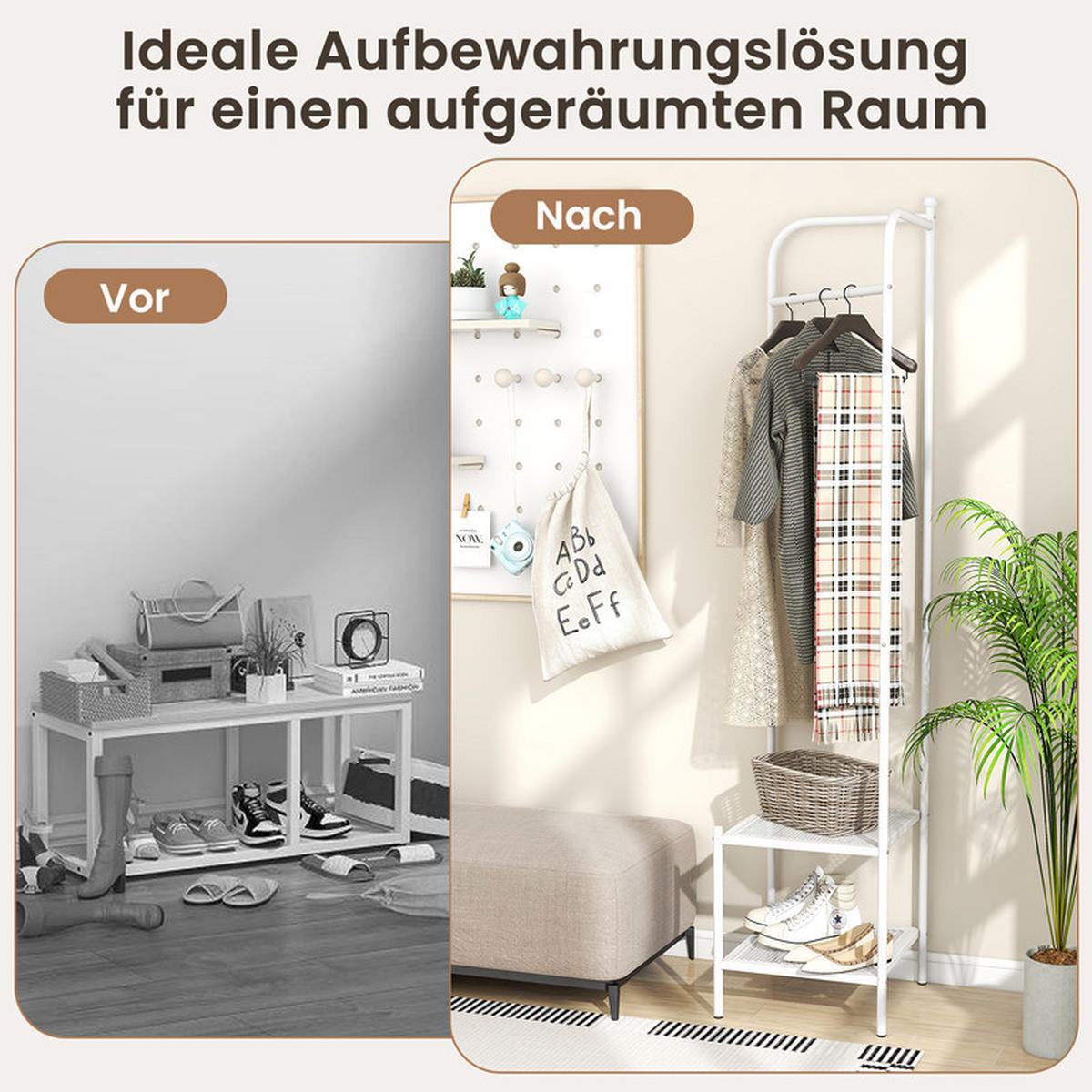 ECK-GARDEROBENSTÄNDER mit oberem Haken weiß - Weiß, Metall (42.5/193.5/42.5cm) - COSTWAY