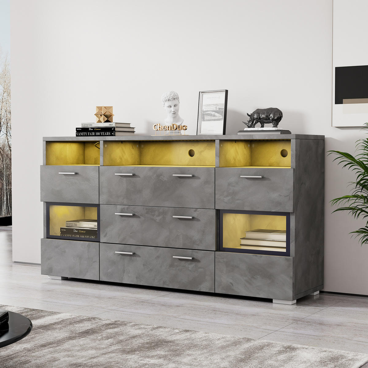 SIDEBOARD 140/33,5/72,5 cm mit LED, 2 Türen, 3 Schubladen & offenen Fächern - Grau, Holzwerkstoff (140/72.5/33.5cm) - BEAOK