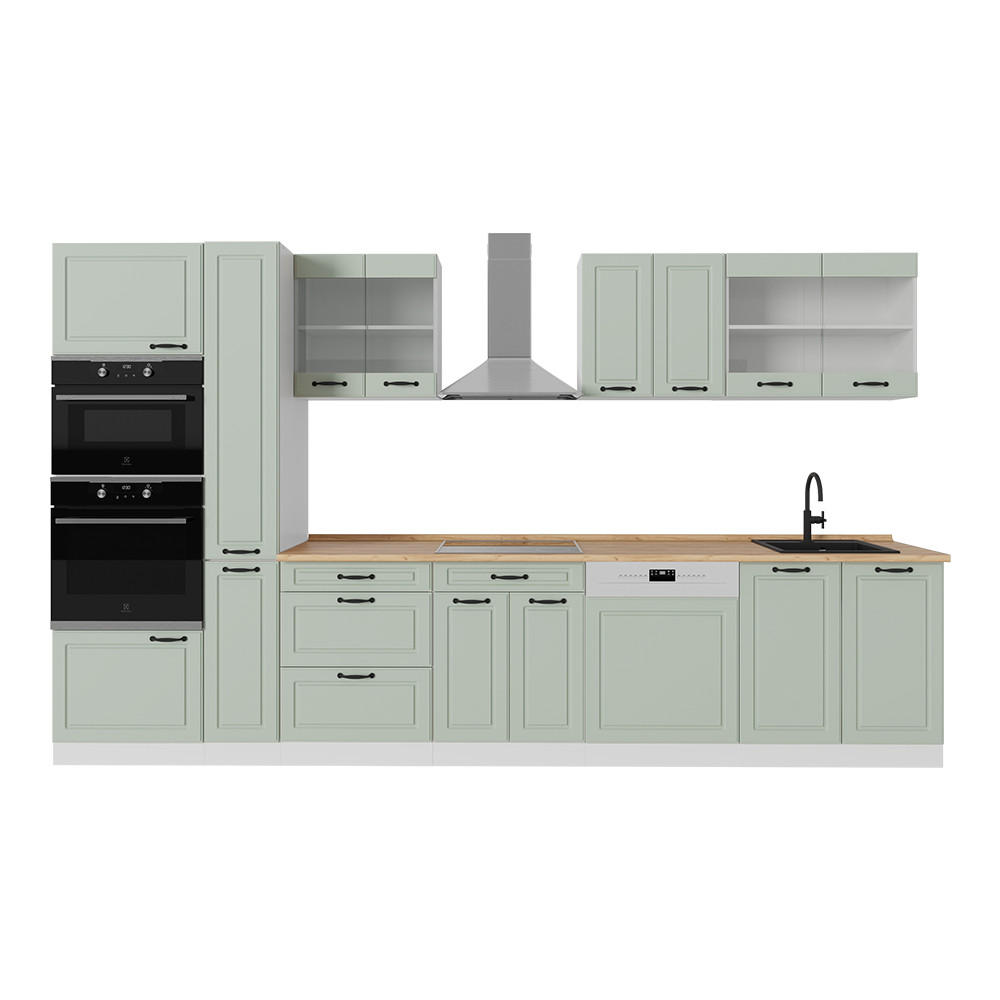 KÜCHENZEILE R-Line, Mint Landhaus/Weiß, 350 cm Arbeitsplatte Goldkraft Eiche - Weiß/Grün, Holzwerkstoff (350/206.8/60cm) - Vicco