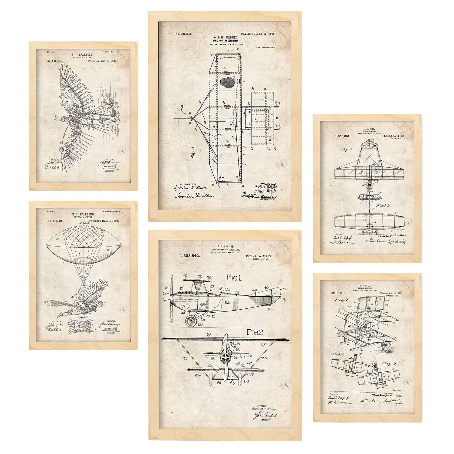 POSTER Set Mit 6 Plakaten Mit Flugzeug Patenten Im Vintage Stil A3 & A4 Rahmen Aus Hellem Holz - Beige, Papier (29/3cm) - Nacnic