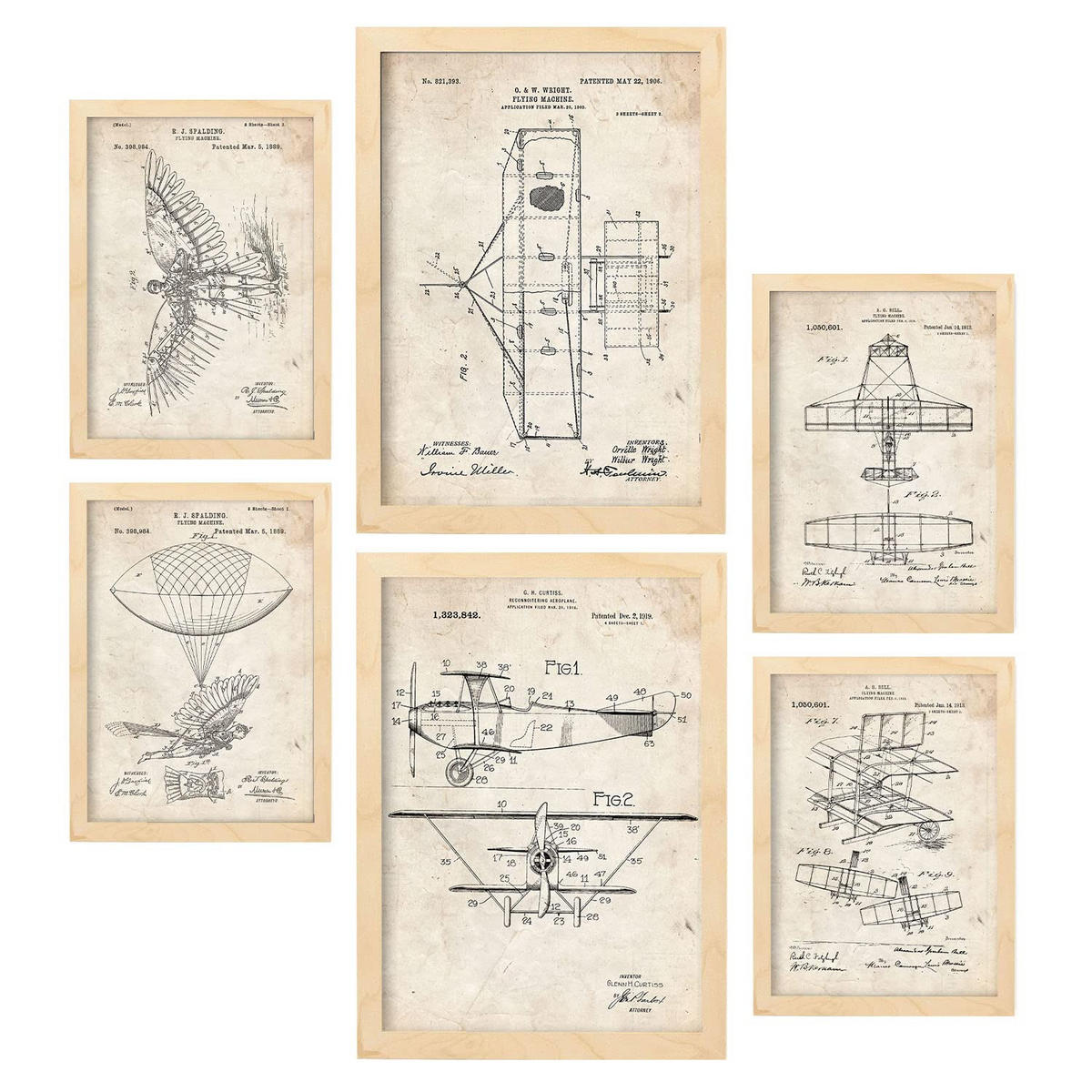 POSTER Set Mit 6 Plakaten Mit Flugzeug Patenten Im Vintage Stil A3 & A4 Rahmen Aus Hellem Holz - Beige, Papier (29/3cm) - Nacnic