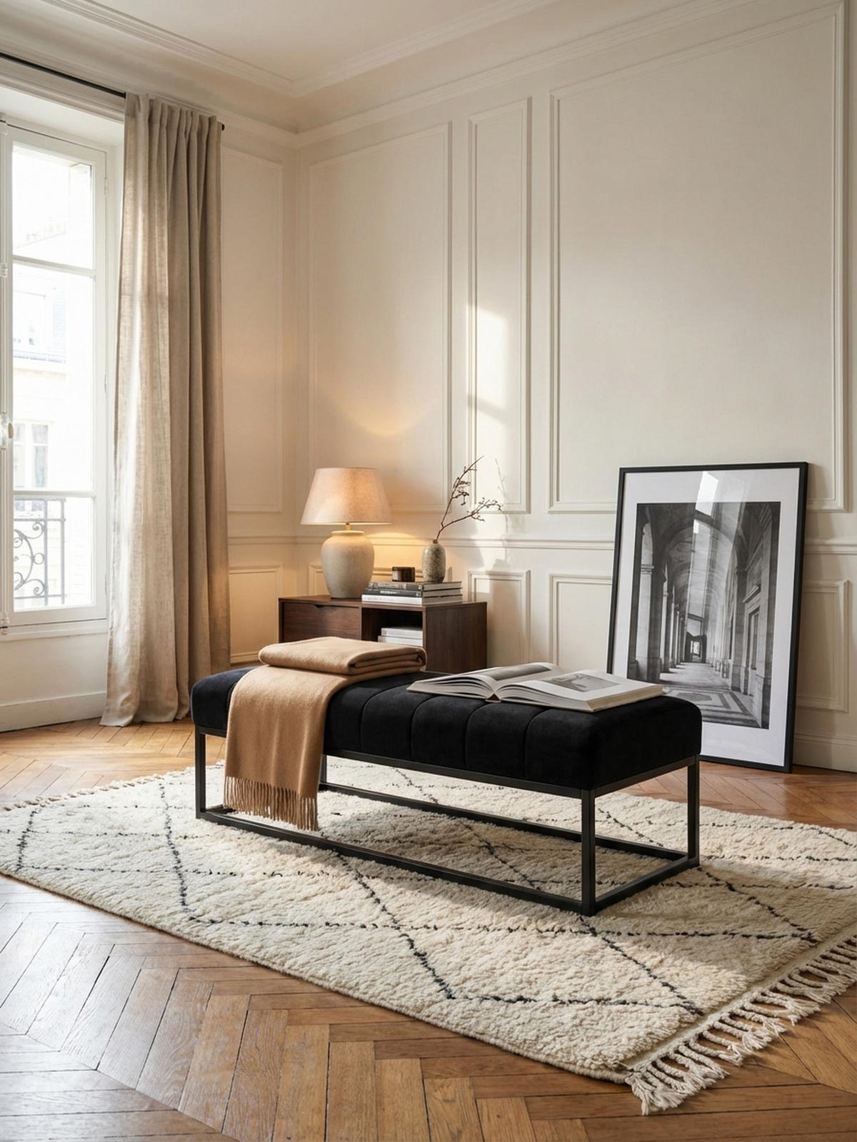 SITZBANK Samt Metallgestell gepolstert, Schwarz 108x40x40 cm - Schwarz, Textil/Metall (108/40/40cm) - KADIMA DESIGN