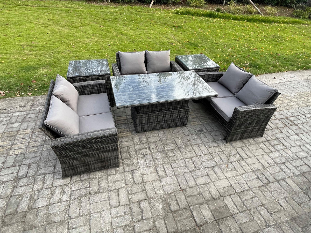 GARTENMÖBEL SET mit höhenverstellbarer Tisch Polyrattan Dunkelgrau 6-Sitzer - Dunkelgrau, Metall - Fimous
