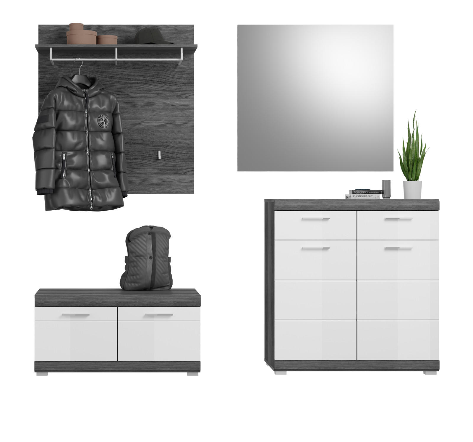 GARDEROBE Set 4-teilig weiß Hochglanz, grau, Komplettset mit Schuhkommode - Chromfarben/Weiß Hochglanz, Holzwerkstoff/Kunststoff (195/197/40cm) - Inn.Furn