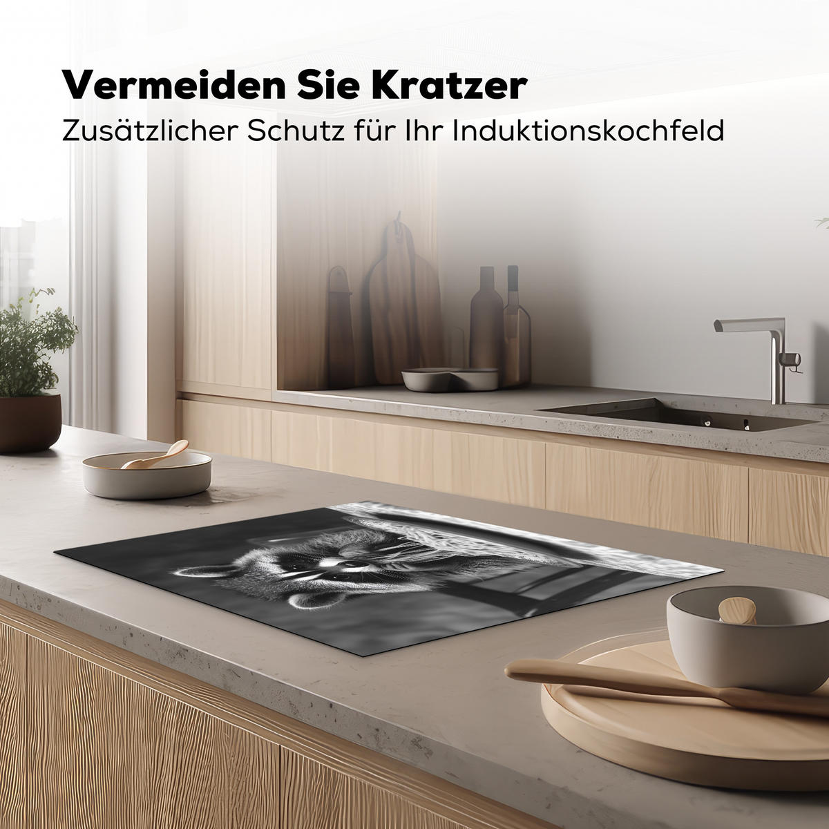 HERDABDECKPLATTE Waschbär - Niedlich - Pasta - Tischtuch - Schwarz - Weiß Herdabdeckung Induktionsfeld 70x52 cm - Grau, Kunststoff (70/52/0.2cm) - MuchoWow