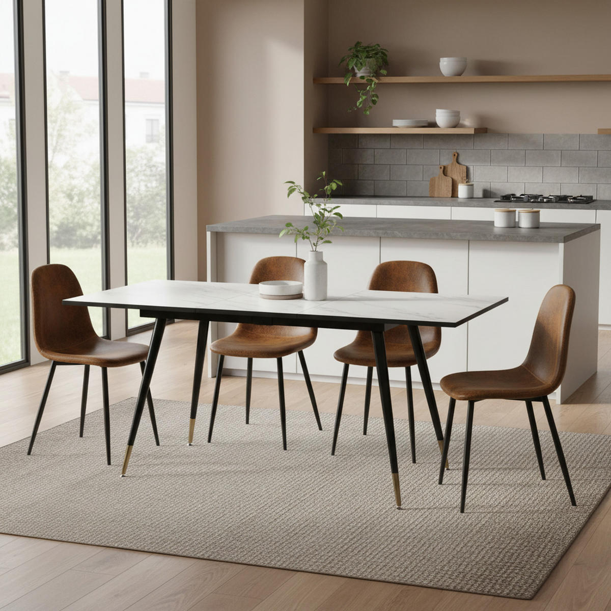 ESSTISCH SET mit ausziehbarem Tisch und 4 bequemen Stühlen - Schwarz/Braun, Holzwerkstoff/Metall (80/75/160cm) - Urban Meuble