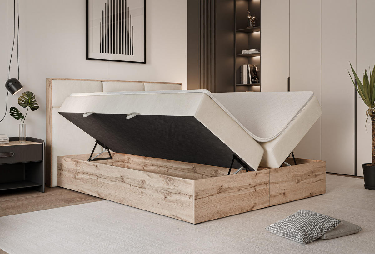 BOXBETT LAVIO 160/200 cm, in Creme, mit Matratze und Topper - Creme, Holzwerkstoff/Textil (160/200cm) - Idohome