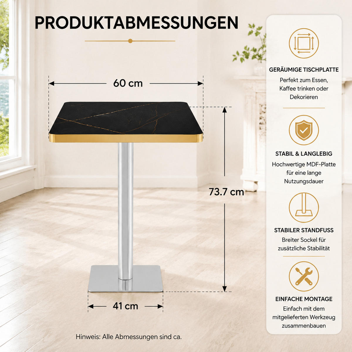BARTISCH 60/60/74 cm mit Marmor-Optik DE-40028 Schwarz - Schwarz, Metall (60/60/74cm) - ComfortXL