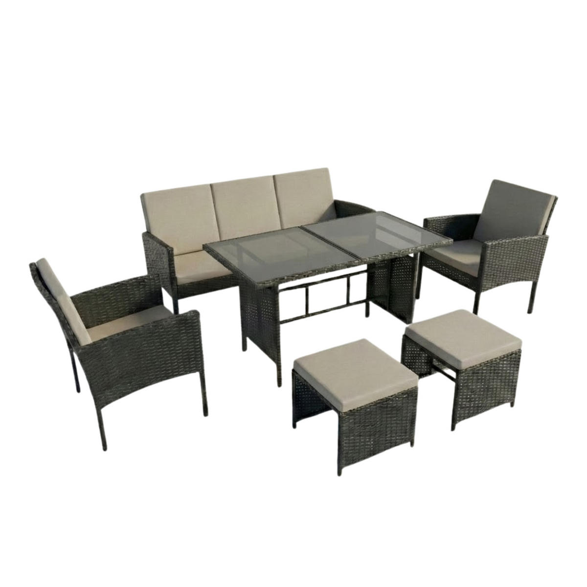 GARTENMÖBEL-SET mit 3-Sitzer Sofa, 2 Stühle, 2 Hocker mit graue Kissen - Grau, Metall - Home Collective