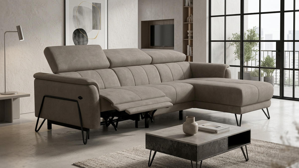 ECKSOFA RODEN 4-Sitzer mit Relax, beige, Veloursstoff - Beige, Holz/Textil (268/92cm) - Wozimo