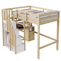 HOCHBETT 90/200 cm in Naturholz – mit Schreibtisch, Stauraumtreppe und Regalen - Naturfarben, Holzwerkstoff (90/200cm) - BEAOK