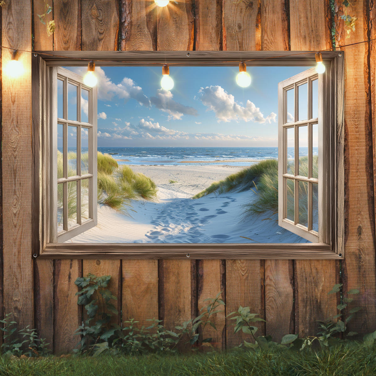 ZAHRADNÍ PLAKÁT Pohled - Pláž - Okno - Duny - Moře 180x120 cm - světle modrá, plast (180/120/0.2cm) - OnlyWow
