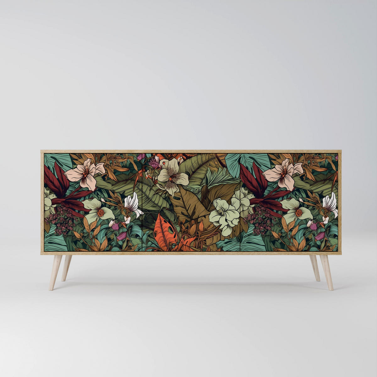 SIDEBOARD BOTANICAL EMERGENCE, Eicheneffekt, 164,5x42x77,5 cm, 3 Türen - Eichefarben/Buchefarben, Holzwerkstoff/Buchenholz (164.5/77.5/42cm) - SpaceRebels