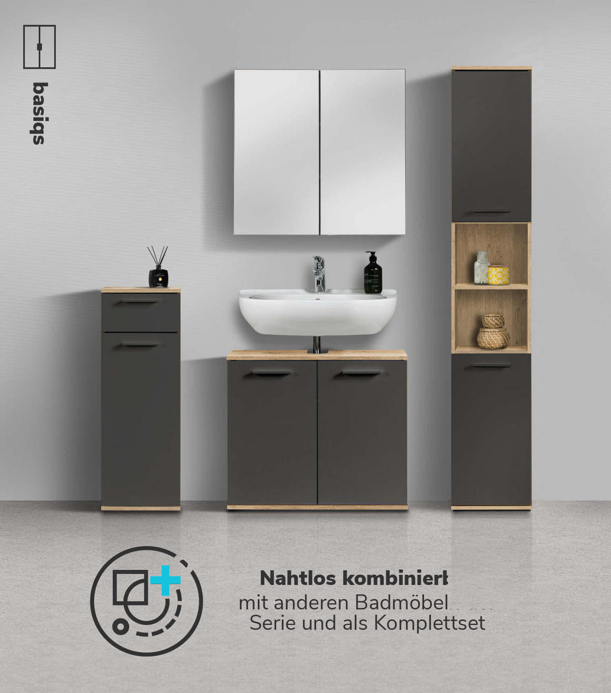 BAD-BEISTELLSCHRANK Der Matrose - Anthrazit, Holzwerkstoff (33/91/34cm) - Mokebo