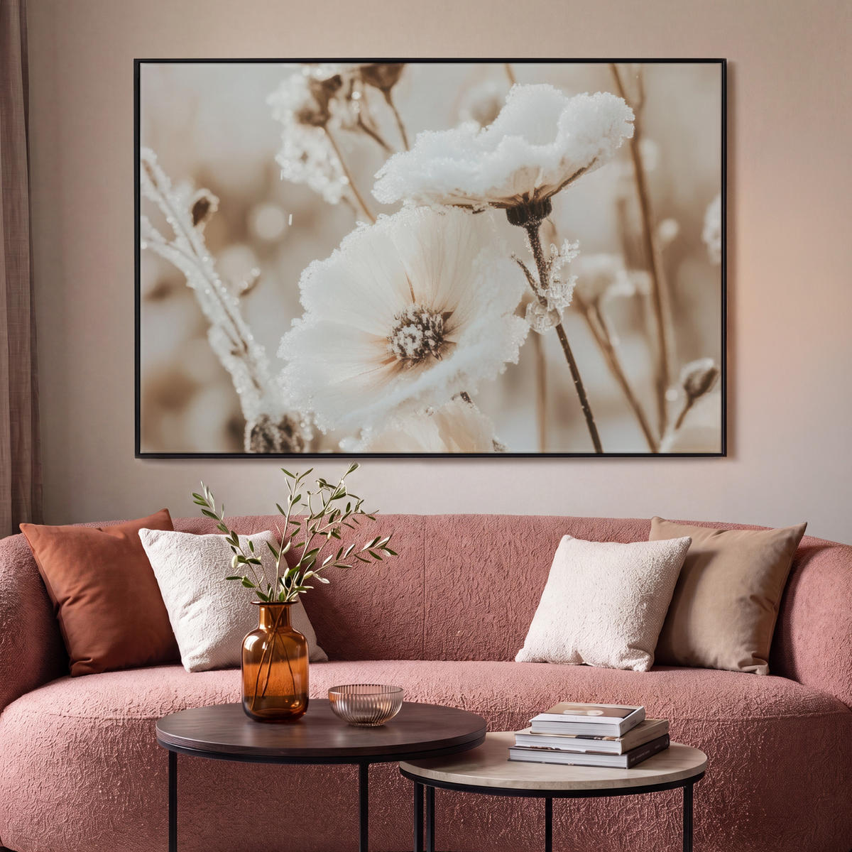 LEINWAND Bilder mit Rahmen - Blumen - Winter - Weiß - Schnee - Beige - 140x90 - Creme, Textil (140/90cm) - MuchoWow