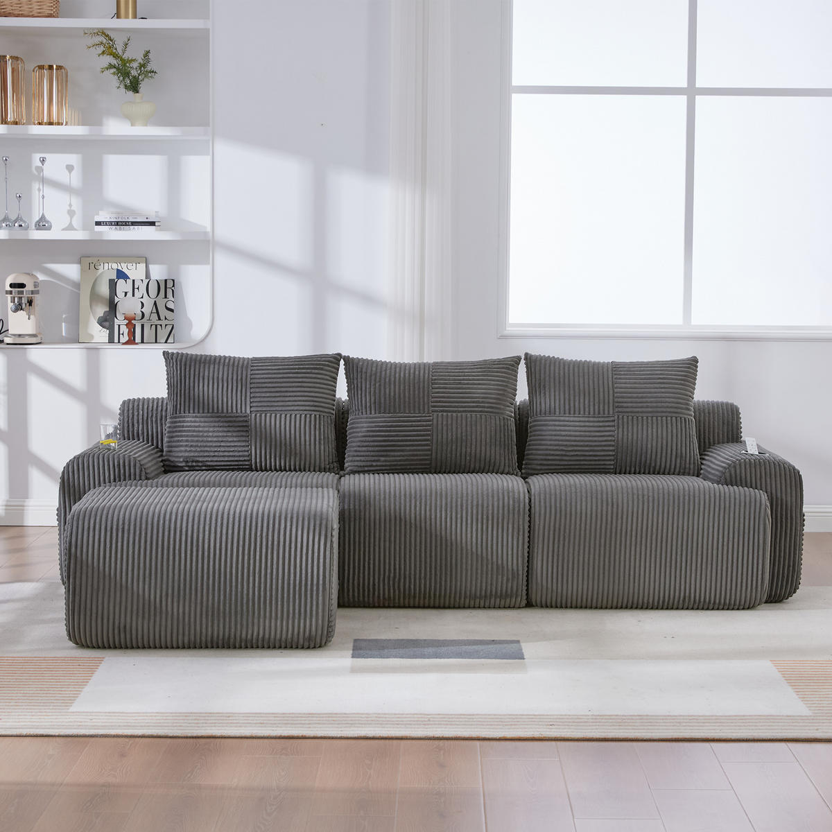 ECKSOFA mit frei kombinierbaren Modulen, Hockern und Getränkehalter sowie Cordbezug und Tasche in Dunkelgrau - Dunkelgrau, Textil (268/174cm) - EVRYAE