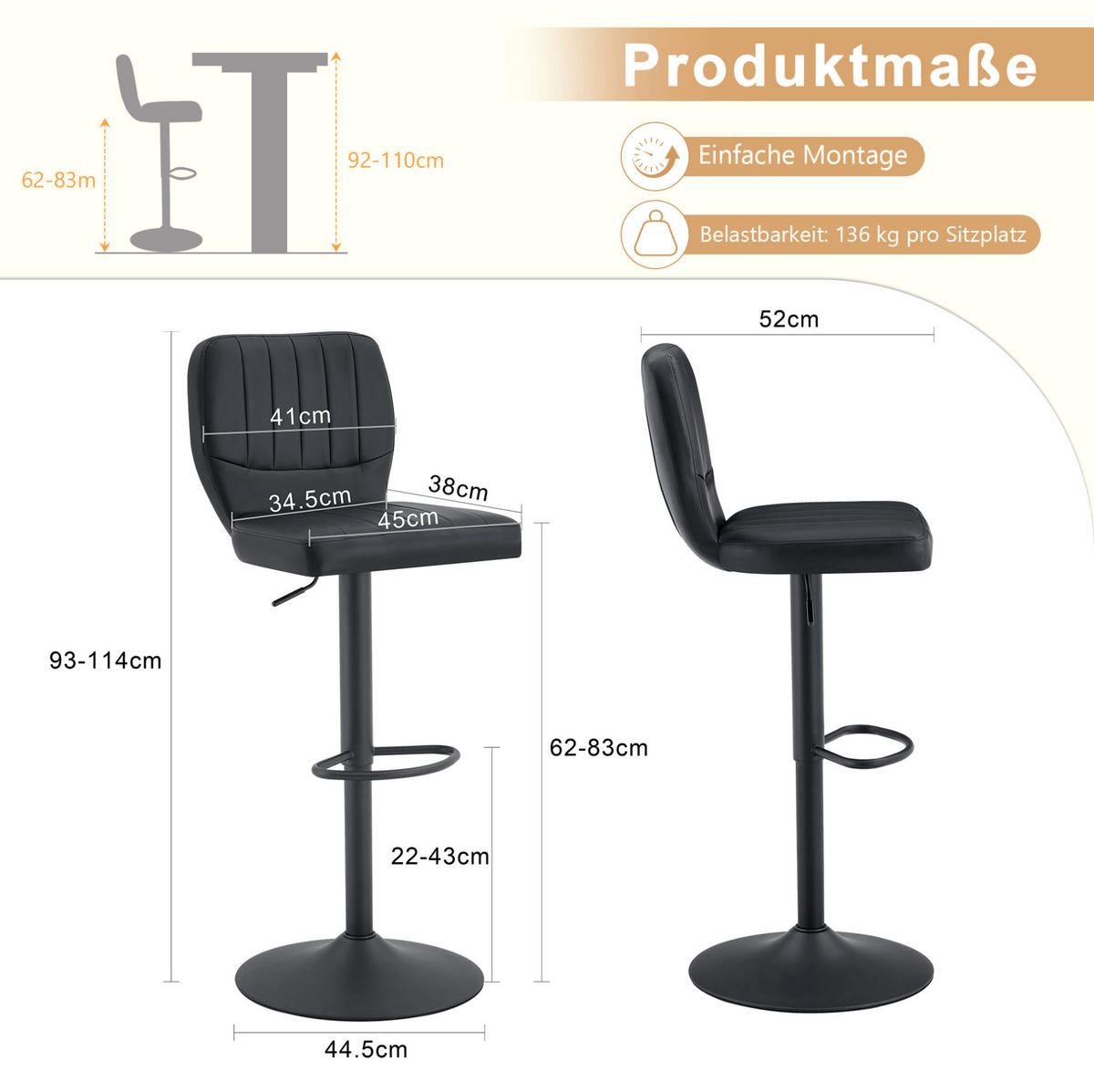 BARHOCKER höhenverstellbar 62-83 cm Schwarz - Schwarz, Metall (45/114/52cm) - Meubliv