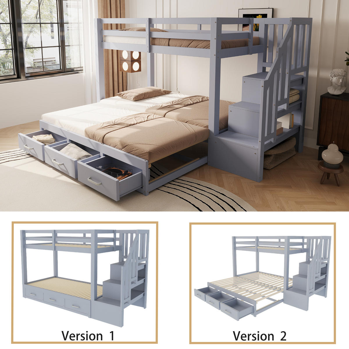 ETAGENBETT Jugend Grau - Grau, Holz (90/200cm) - ComfortXL