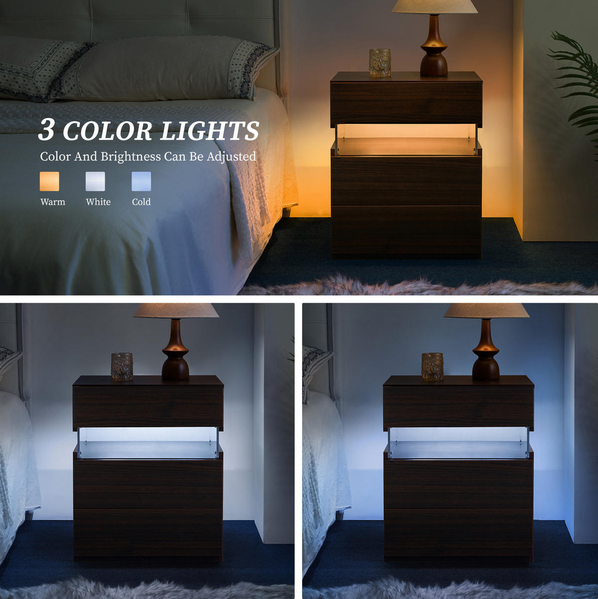 NACHTTISCH in Walnuss mit 3 Schubladen und LED-Beleuchtung,48/38/61 cm - Walnussfarben, Holzwerkstoff (38/61/48cm) - Flora Grace