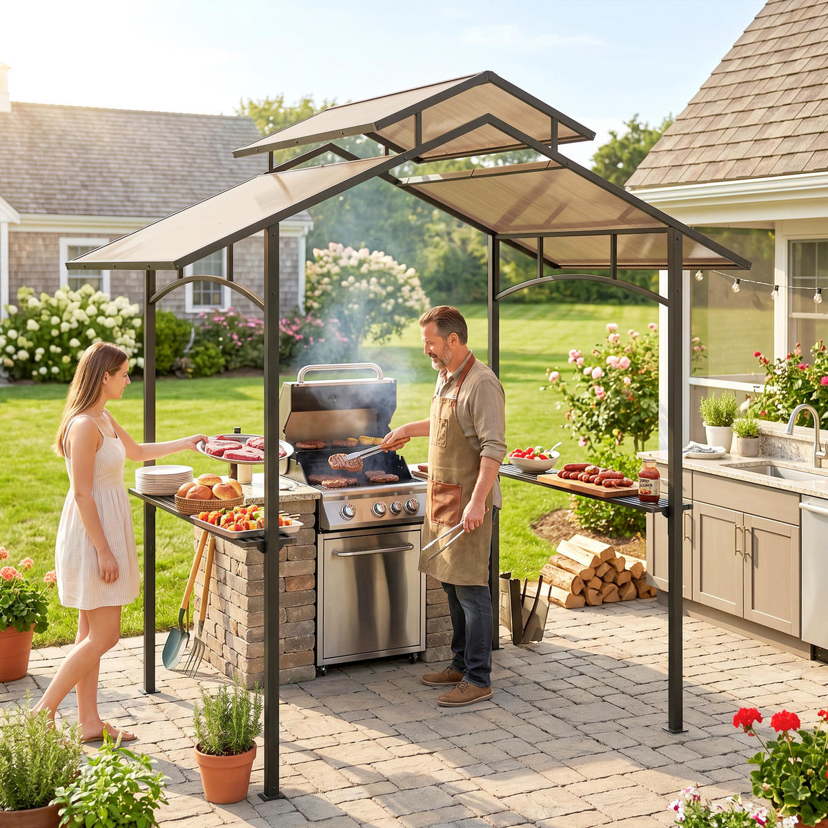 GRILOVACÍ PAVILON s protipožární střechou 2,5 x 1,5 m BBQ pavilon se 2 policemi ocel PC - černá, kov (150/250/240cm) - Outsunny