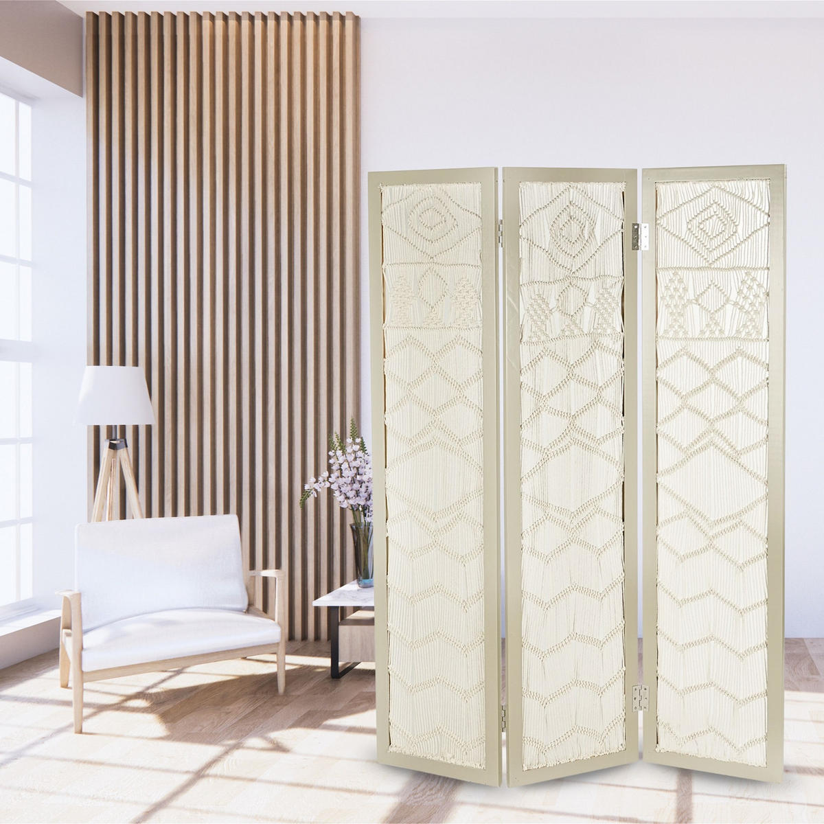 RAUMTEILER Makramee Muster Weidenholz grau - Grau, Holz (120/170/2.2cm) - CREEDWOOD