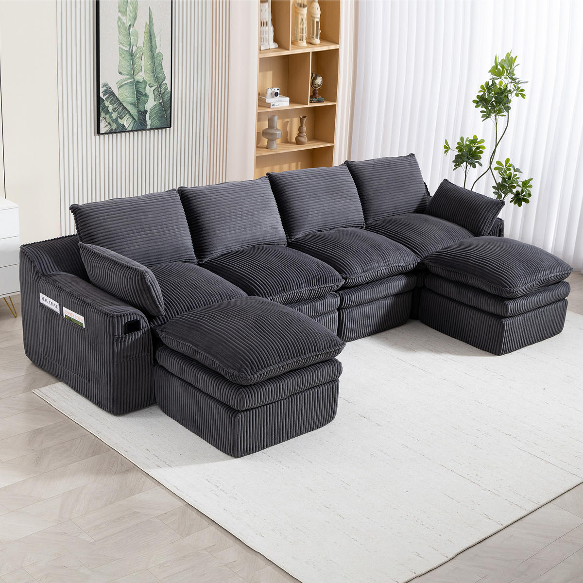 WOHNLANDSCHAFT Cord Dunkelgrau mit Kissen, Hocker und Seitentaschen - Dunkelgrau, Textil (335/85/167cm) - WISHDOR