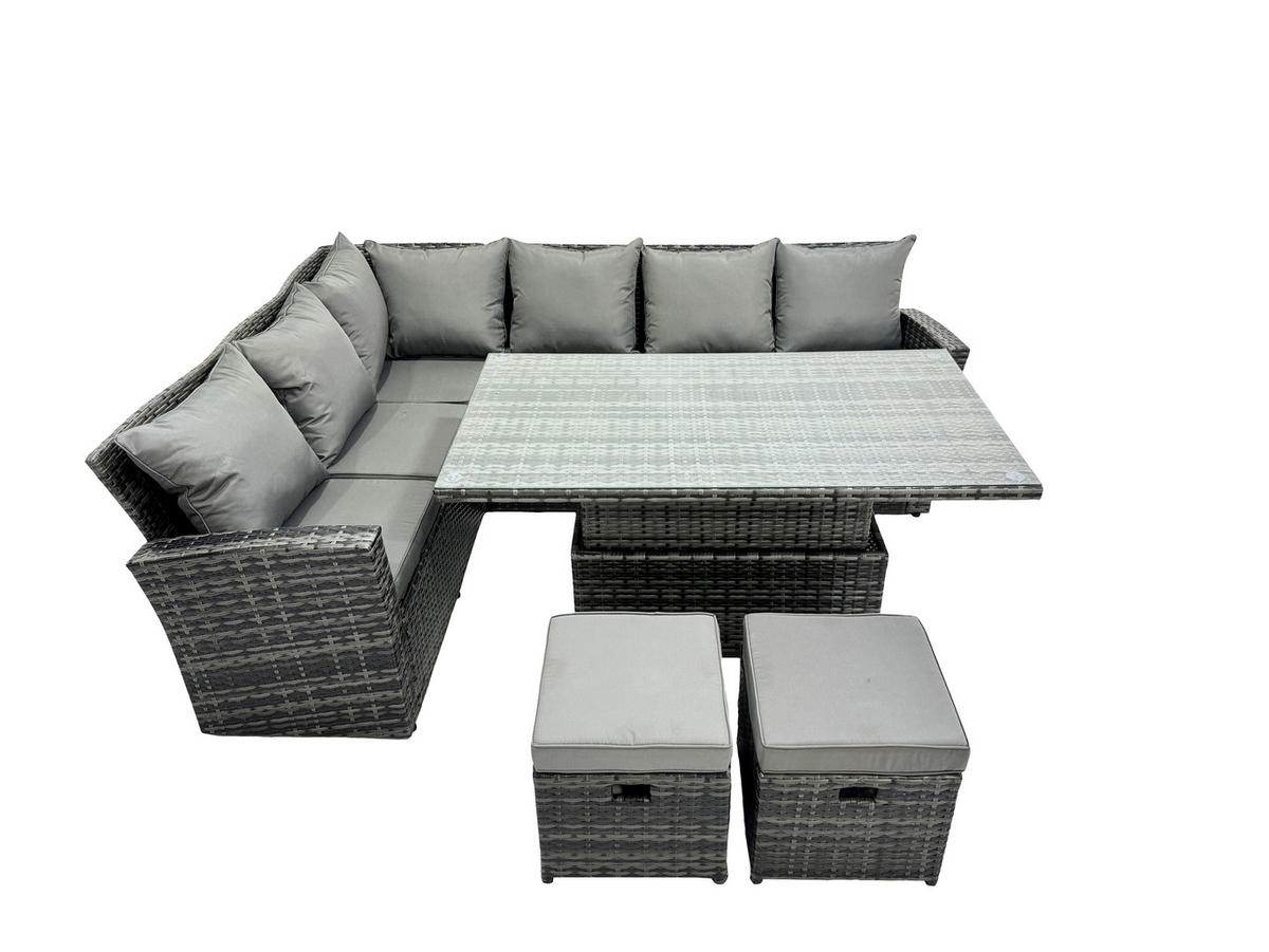 GARTENSOFA SET Polyrattan 8-Sitzer - Dunkelgrau/Grau, Glas/Kunststoff - Fimous
