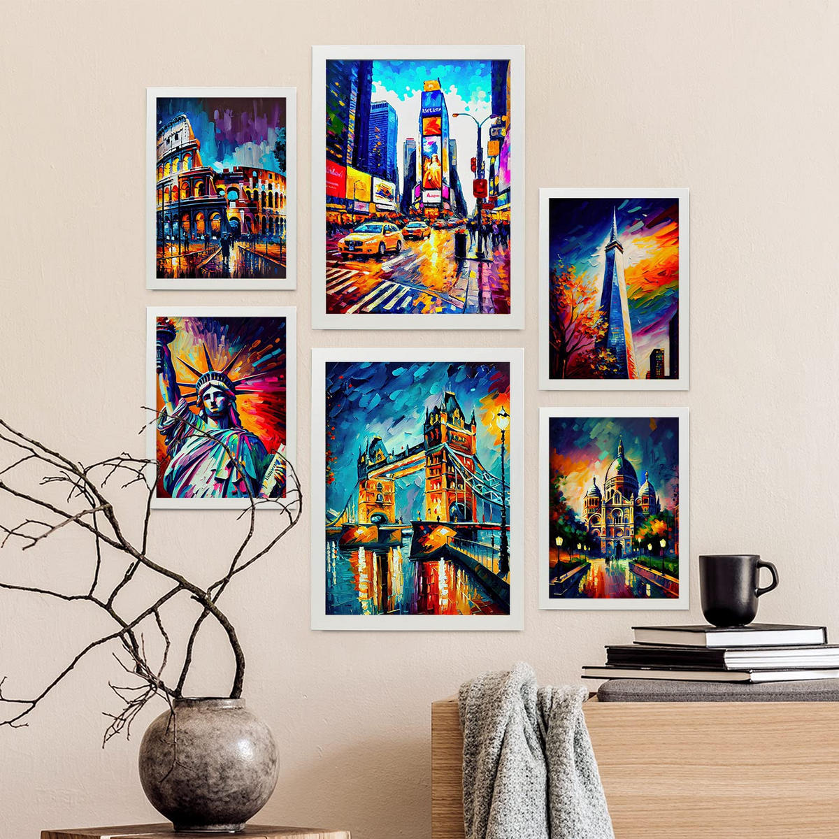 POSTER Set Mit 6 Menschengemacht Im Ölgemälde Stil A3 & A4 Weißer Rahmen - Weiß, Papier (29/3cm) - Nacnic