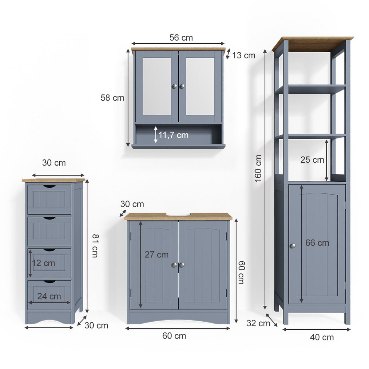 BADMÖBEL-SET Bianco Grau 4 Teile - Grau, Holzwerkstoff (60/60/30cm) - Vicco