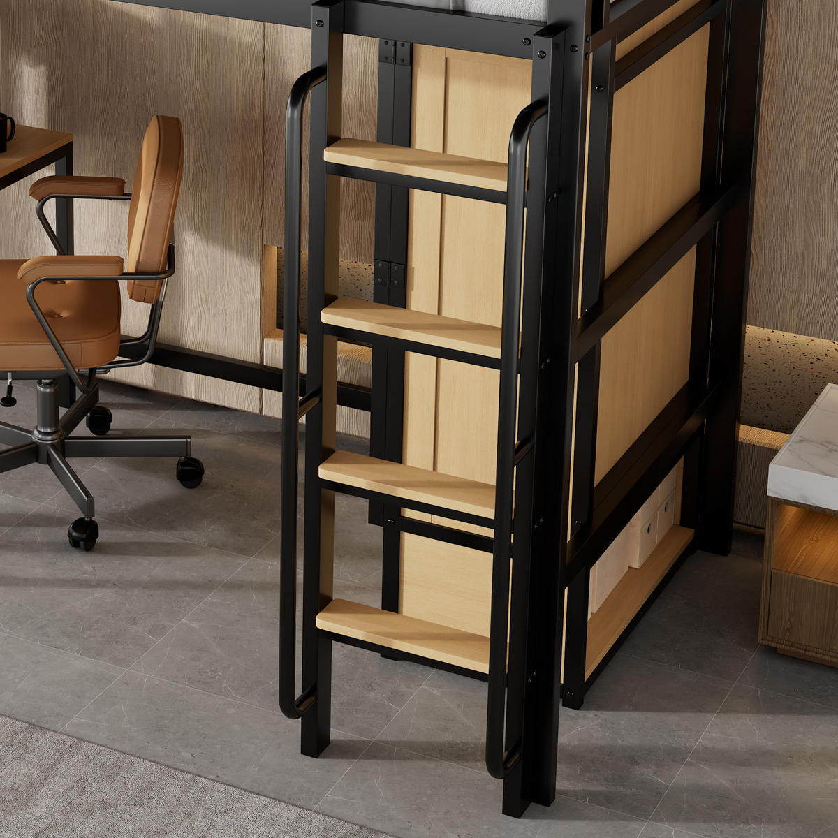 HOCHBETT 90/200 cm in Schwarz & Natur mit Kleiderschrank, Schreibtisch und Regal - Schwarz/Naturfarben, Holzwerkstoff/Metall (90/200cm) - CHICFURN
