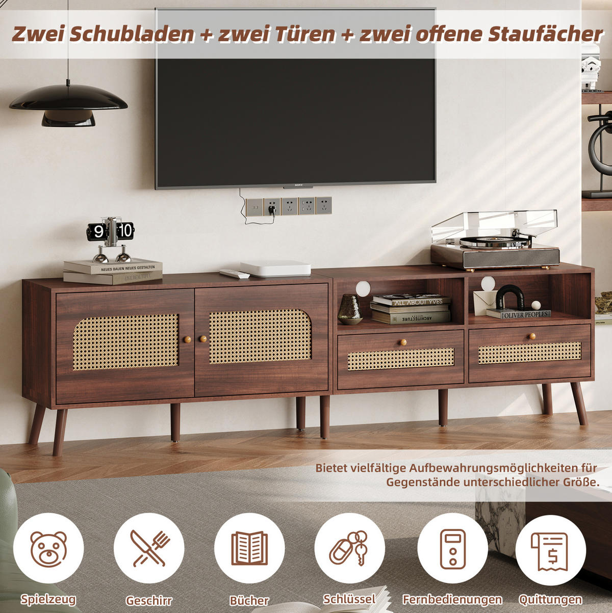 TV stolík 200/37/49,5 cm tmavohnedý z drevotriesky s ratanovými dvierkami a 2 zásuvkami - hnedá, kompozitné drevo (200/49.5/37cm) - OKWISH