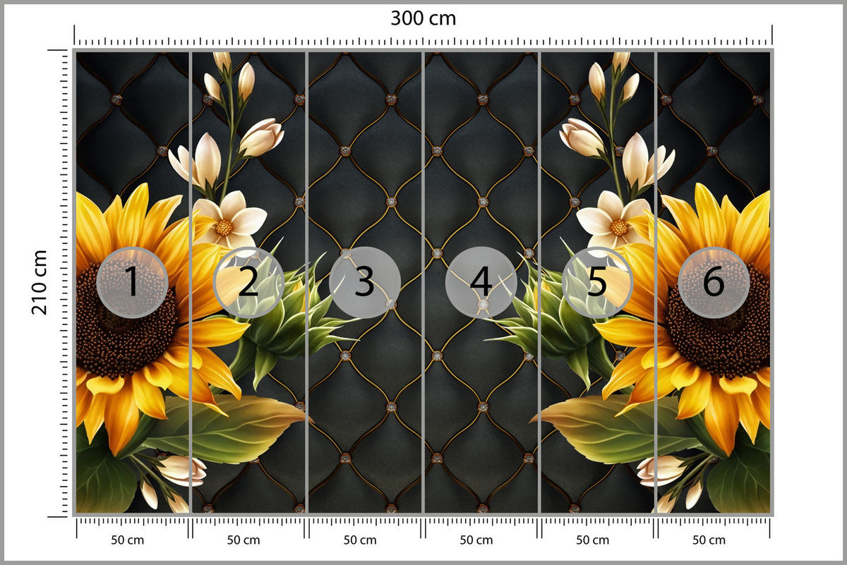 FOTOTAPETE für Küche Blume Sonnenblumen auf gestepptem Hintergrund 300x210 - Gelb/Schwarz, Papier (300/210cm) - Muralo