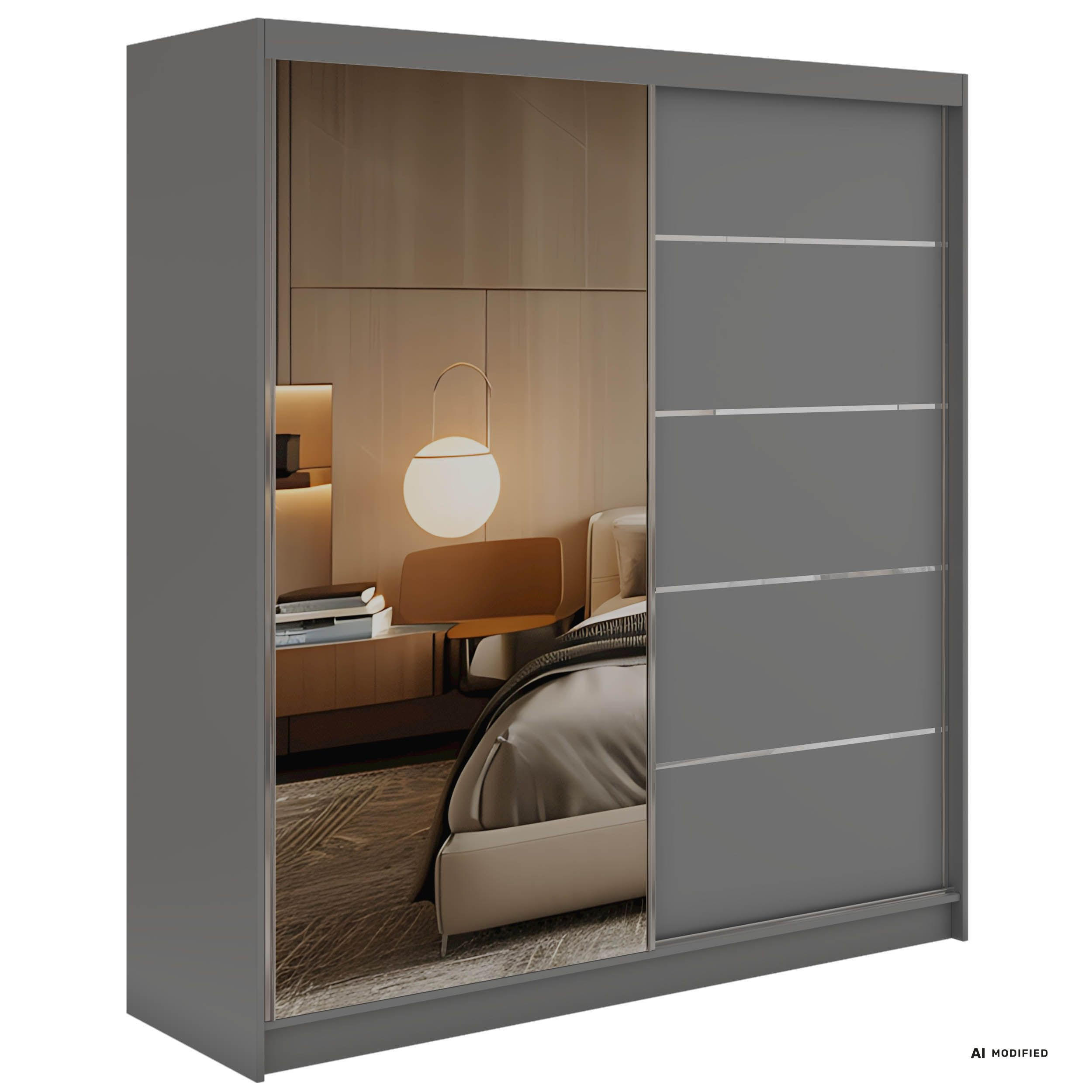 SCHWEBETÜRENSCHRANK 200 - SKORIA - Grau mit Spiegel - Alufarben/Grau, Holzwerkstoff/Metall (200/216/61cm) - MKS