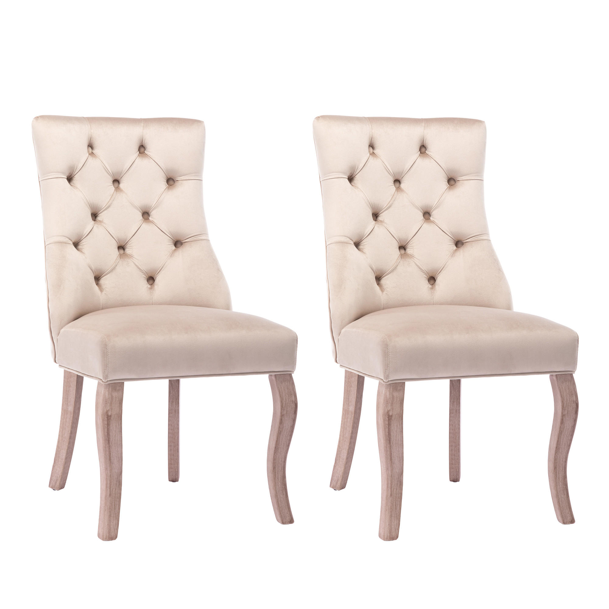 STUHL-SET DE-36945 2 Stück mit hoher Rückenlehne und Knopfsteppung Beige - Beige, Holz (51/97/47cm) - ComfortXL