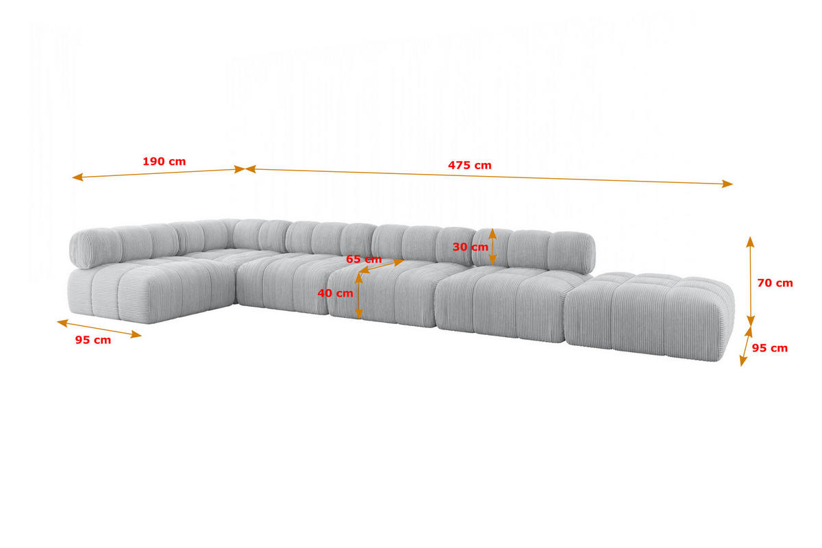 ECKSOFA modulares Sofa Favio-L3 - 475x190x70 cm Grau Cord - Grau, Holzwerkstoff/Textil (475/190cm) - ALTDECOR