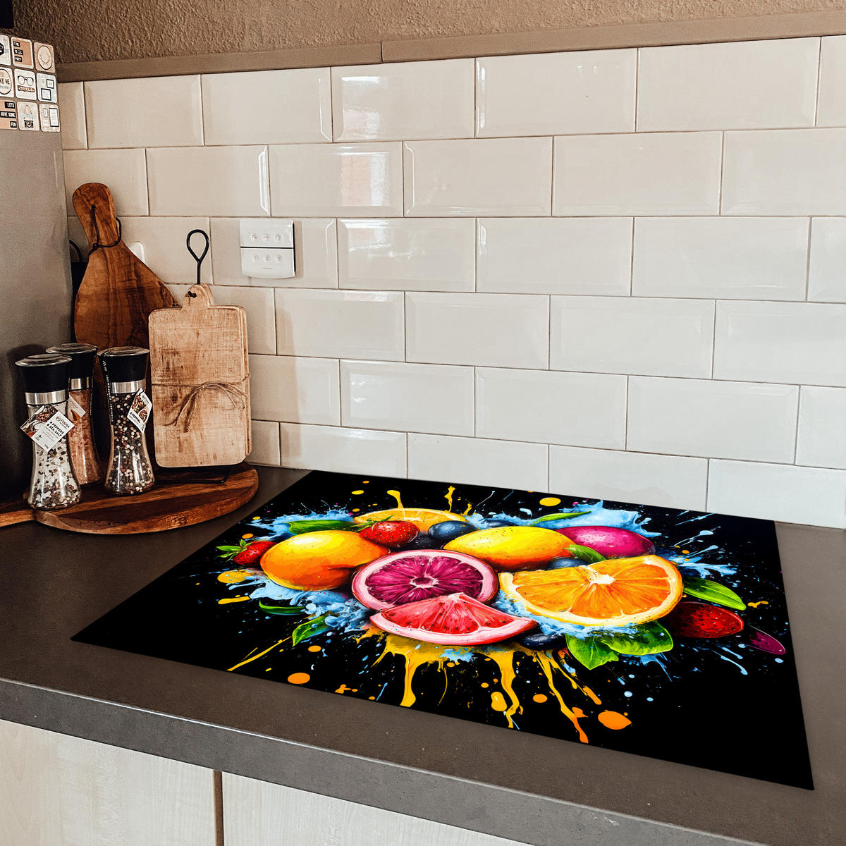 HERDABDECKPLATTE Obst - Graffiti - Bunt - Orange - Erdbeere - Abstrakt Herdabdeckung Induktionsfeld 70x52 cm - Orange, Kunststoff (70/52/0.2cm) - MuchoWow