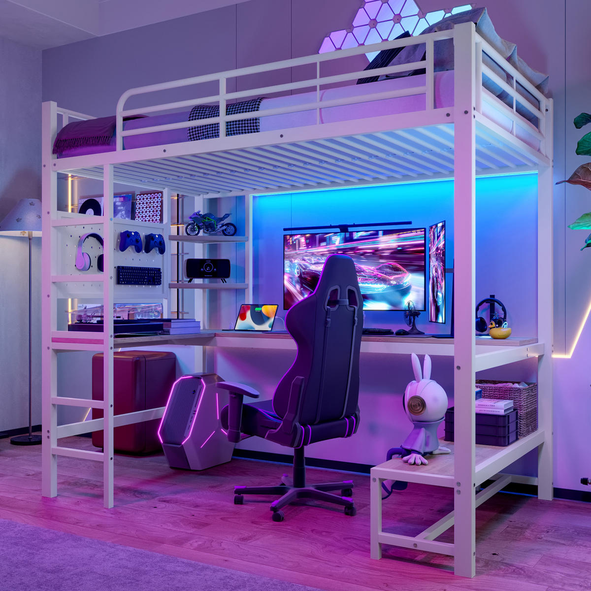 HOCHBETT 90/200 cm, Weiß mit Schreibtisch, LED und USB-C - Weiß, Metall (90/200cm) - MIVRAY
