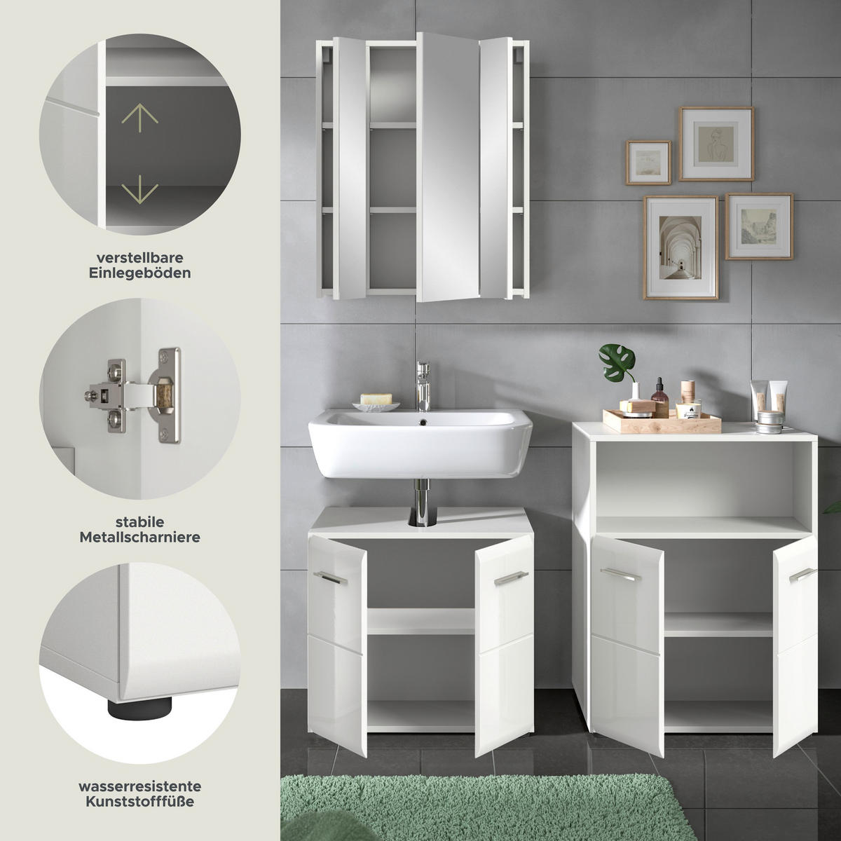 BADKOMBINATION Ice 135x185x30 cm weiß Hochglanz MDF 3tlg. - Weiß, Holz (135/185/30cm)