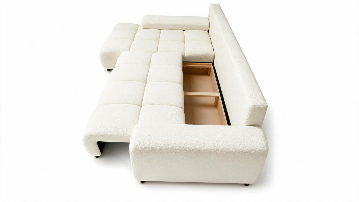 ECKSOFA Ovia mit Bettkasten und Schlaffunktion, Bouclé-Stoff in L-Form - Beige, Textil (270/185cm)