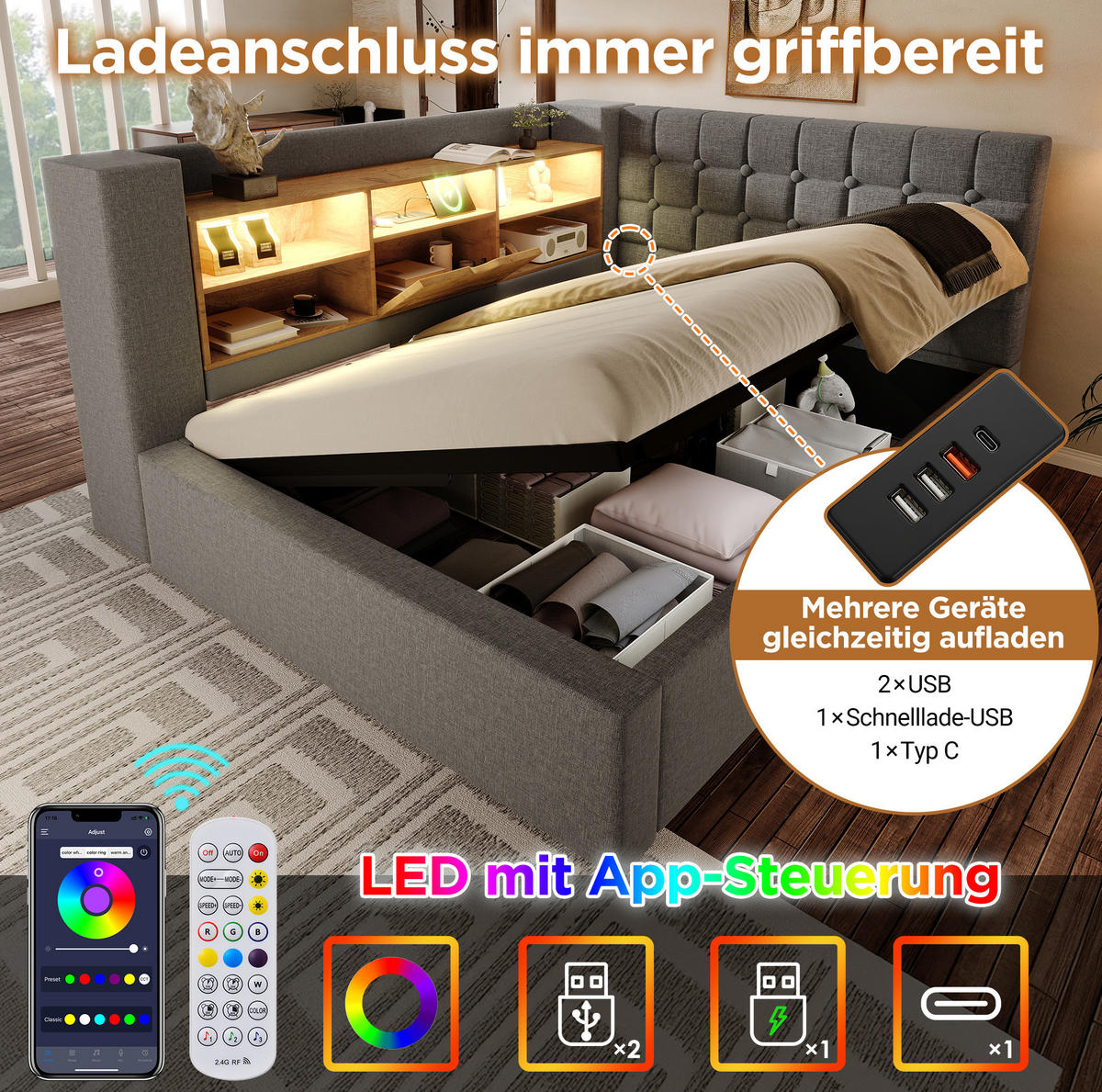 POLSTERBETT 90/190 cm Grau mit Stauraum, LED-Beleuchtung und USB-Anschlüssen - Grau, Textil (90/190cm) - Flora Grace