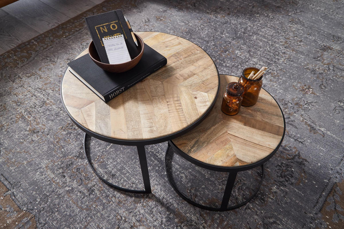 COUCHTISCH 2er Set Massivholz Metall Platzsparend Handgefertigt ESINO, Beige 60x60x40 cm - Beige/Schwarz, Holz/Metall (60/60/40cm) - KADIMA DESIGN