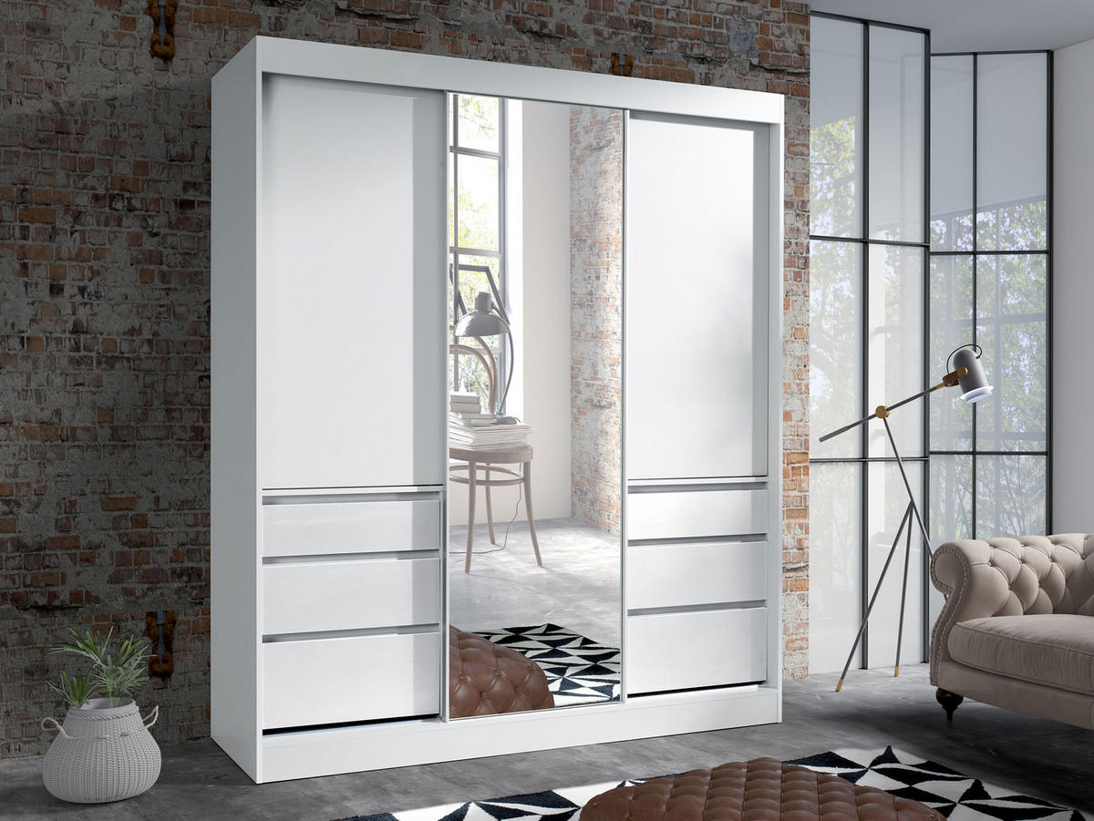 SCHWEBETÜRENSCHRANK Haiti 180 mit Spiegel - Weiß, Holzwerkstoff (180/216/65cm) - MIRJAN24
