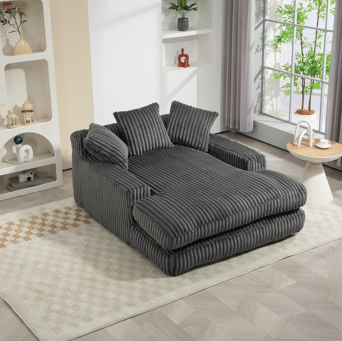 BIGSOFA 125/155/63 cm in Cord Dunkelgrau mit Chaiselongue - Dunkelgrau, Textil (63/125/155cm) - BEAOK