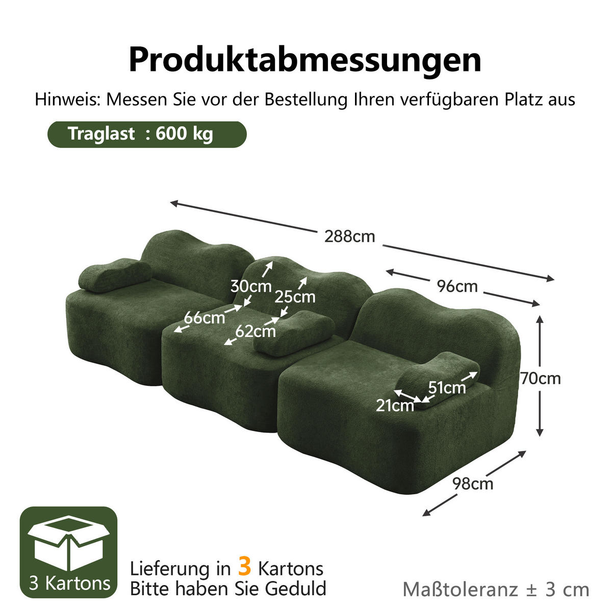 SOFA 288/98/70 cm in Grün aus Samt mit tiefer Sitzfläche - Grün, Textil (98/70/288cm) - Flora Grace