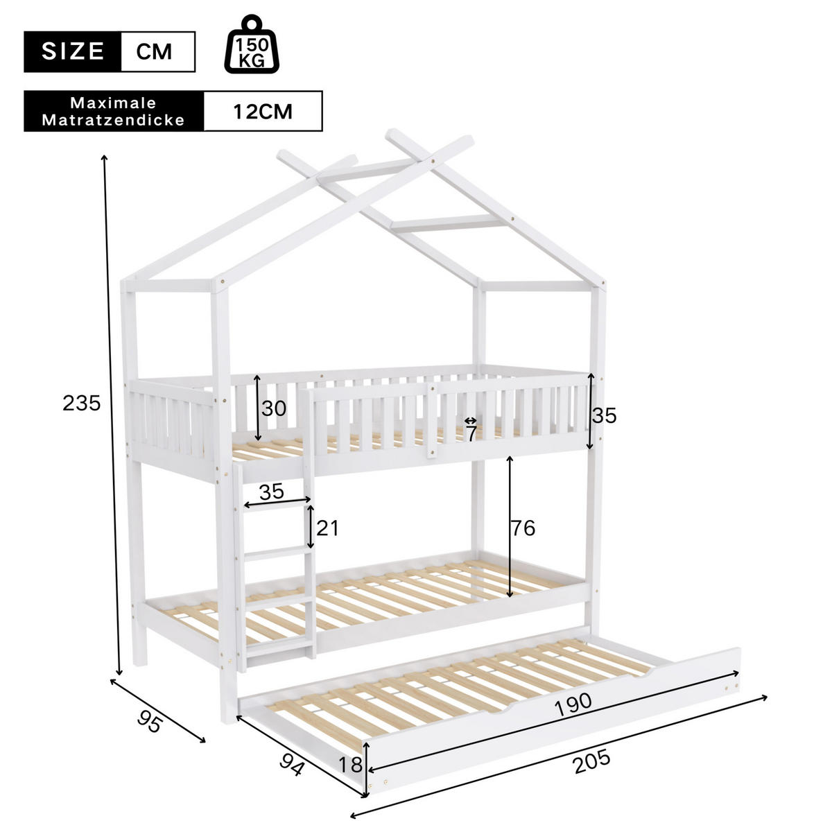 HAUSBETT 90/200 cm in Weiß – aus Kiefernholz mit Rollbett - Weiß, Holz (90/200cm) - BEAOK