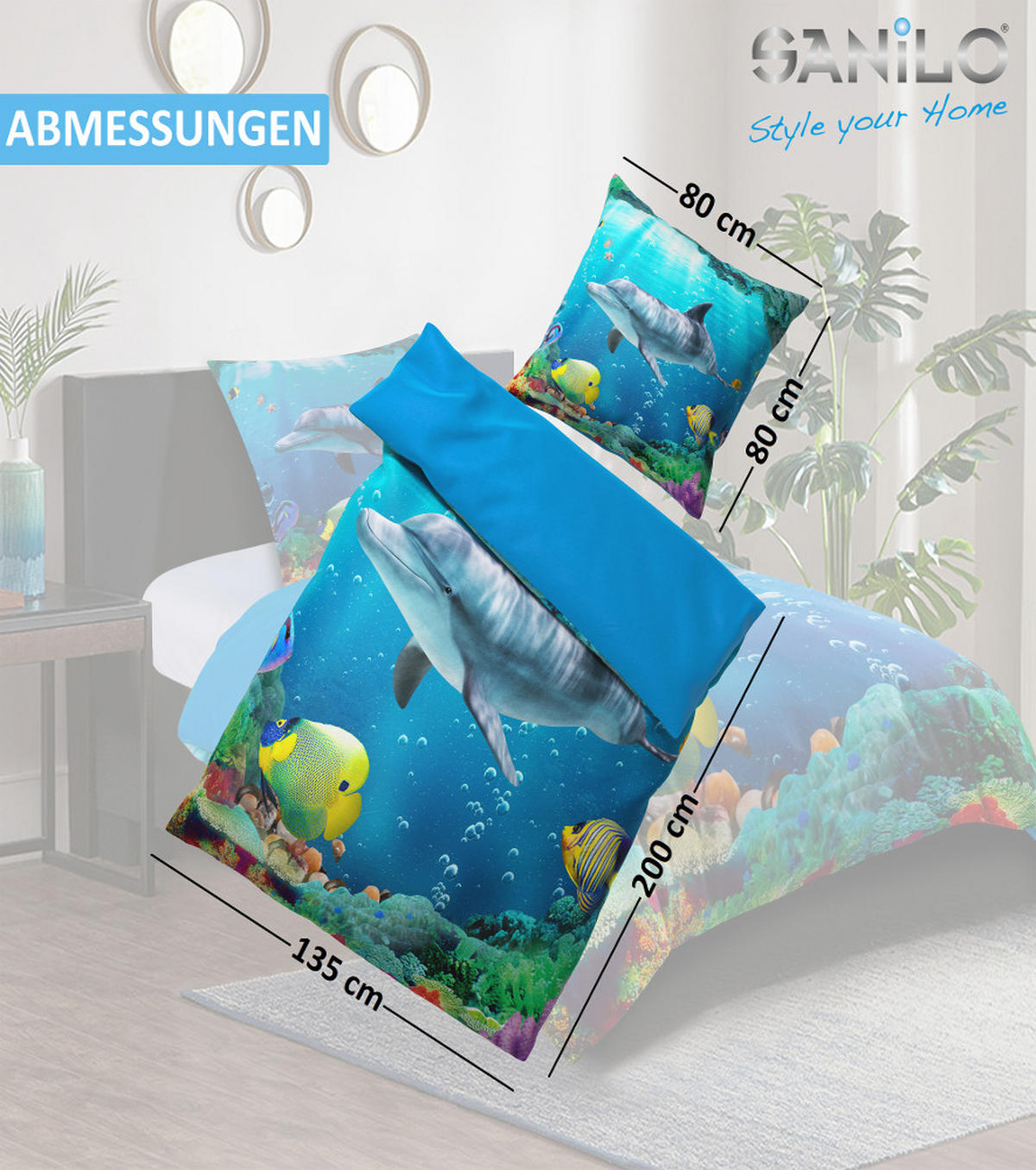 BETTWÄSCHE 2-teilig Delphin - Blau, Naturmaterialien (135/200cm) - Sanilo