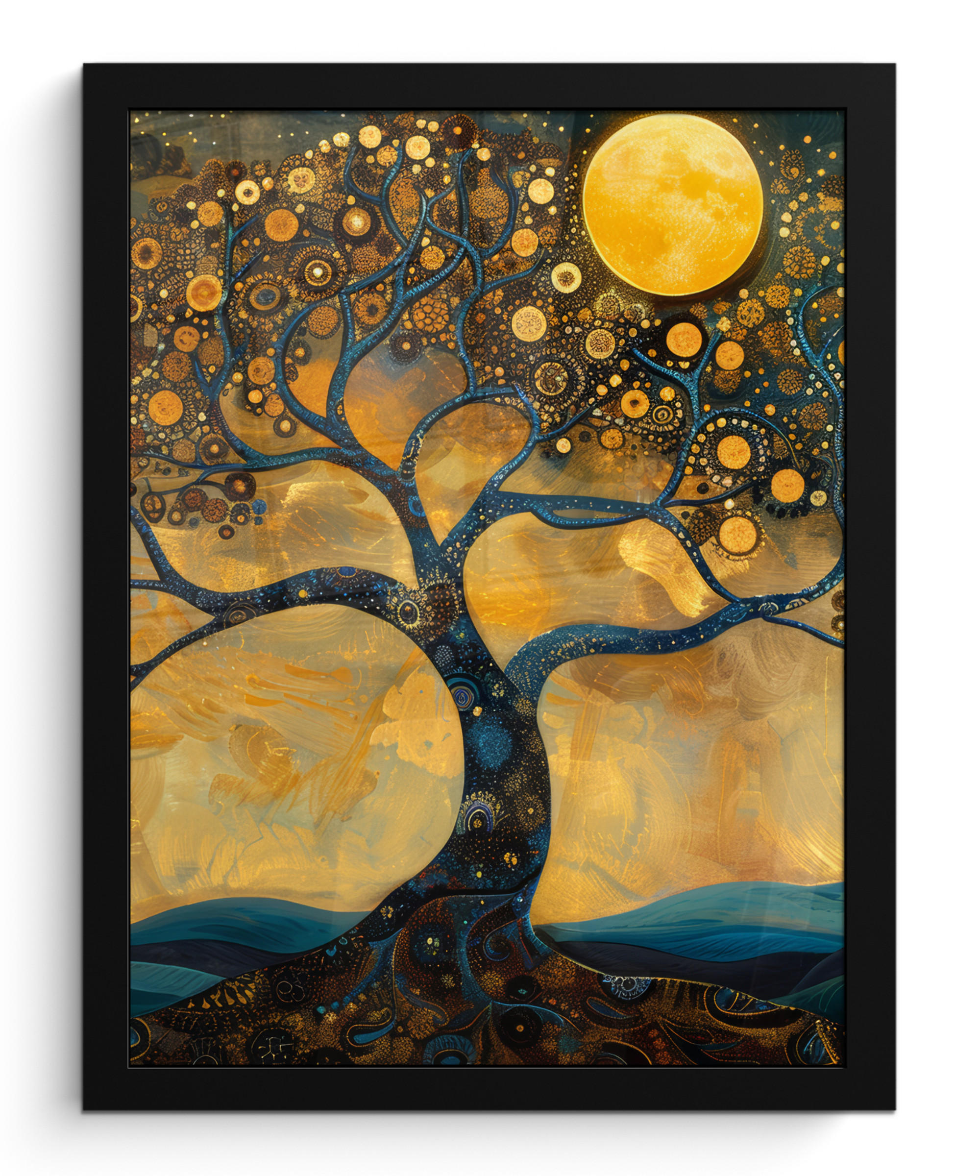 GERAHMTES BILD Baum - Mond - Blumen - Gold - Kunst 30x40 cm - Orange, Papier (30/40cm) - MuchoWow