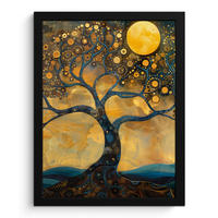 GERAHMTES BILD Baum - Mond - Blumen - Gold - Kunst 30x40 cm - Orange, Papier (30/40cm) - MuchoWow