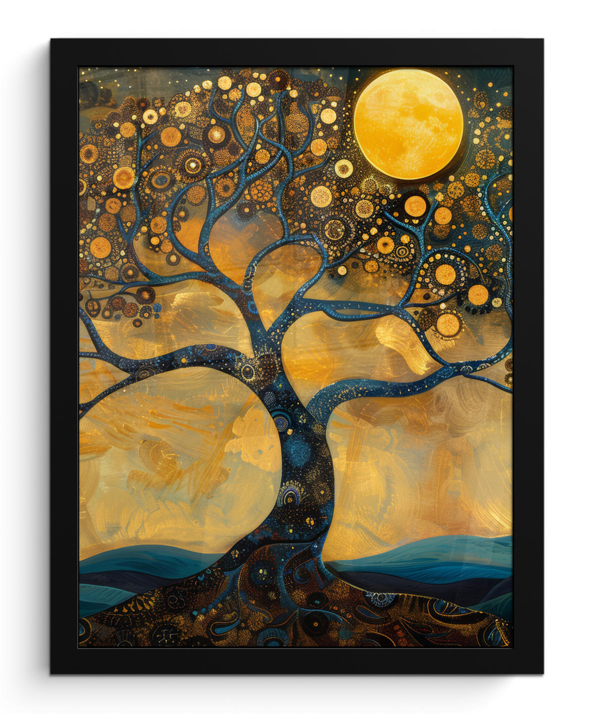 GERAHMTES BILD Baum - Mond - Blumen - Gold - Kunst 30x40 cm - Orange, Papier (30/40cm) - MuchoWow