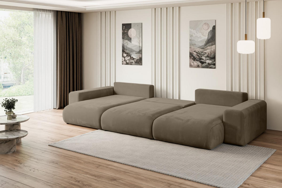 WOHNLANDSCHAFT mit Schlaffunktion und Bettkasten ESKAR-U -352x165x84cm Braun Velours - Schwarz/Braun, Holzwerkstoff/Kunststoff (352/84/165cm) - ALTDECOR
